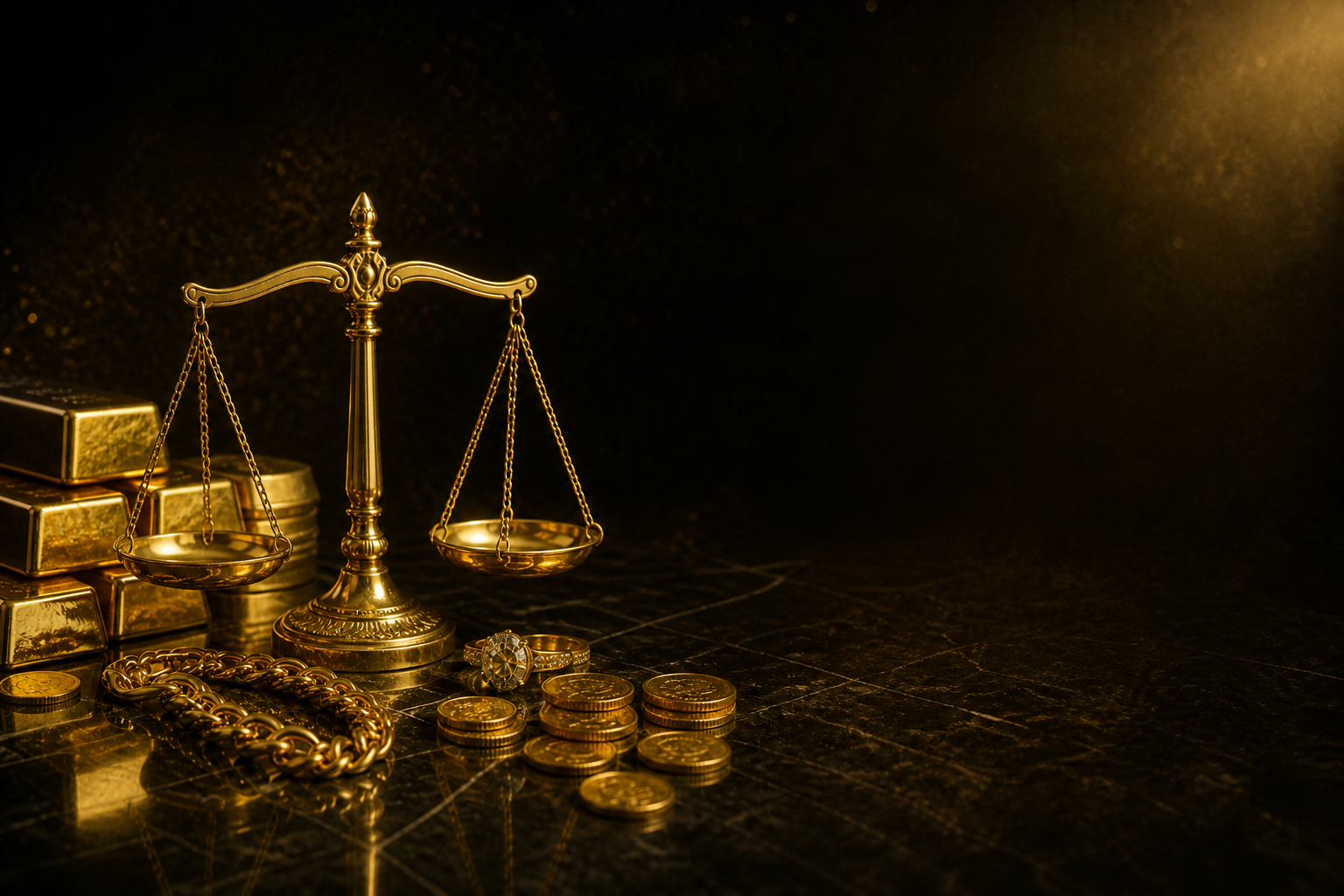 ترازوی عدالت در کنار شمش، سکه و زیورآلات طلا